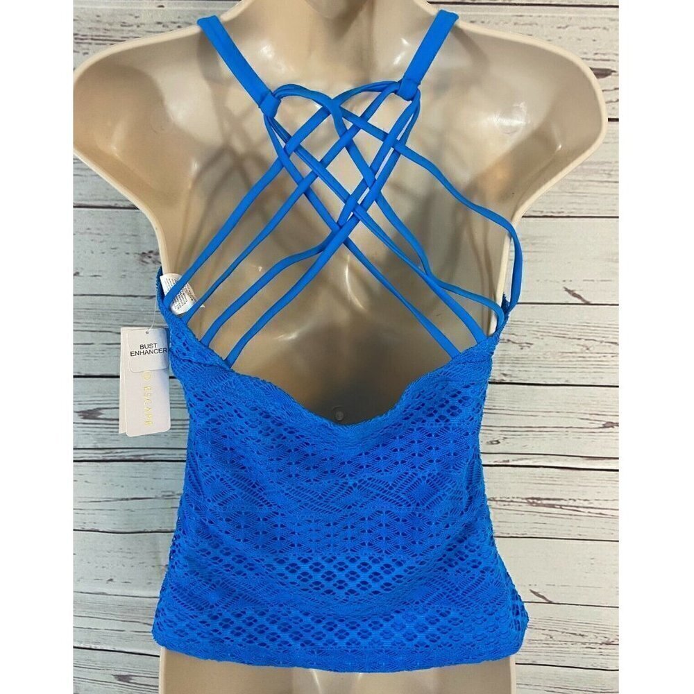 Island Escape Women's Swimsuit Crochet Strappy Tankini Top Blue Size 6 NWT - Picture 3 of 6